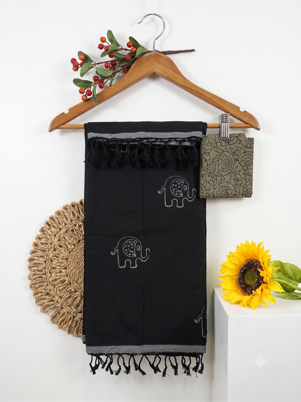 Black Elephant Printed Cotton Saree