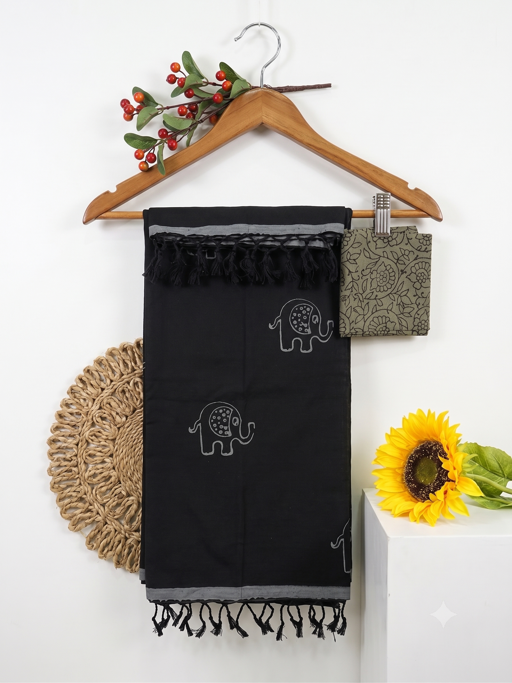 Black Elephant Printed Cotton Saree