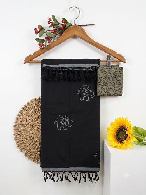 Black Elephant Printed Cotton Saree