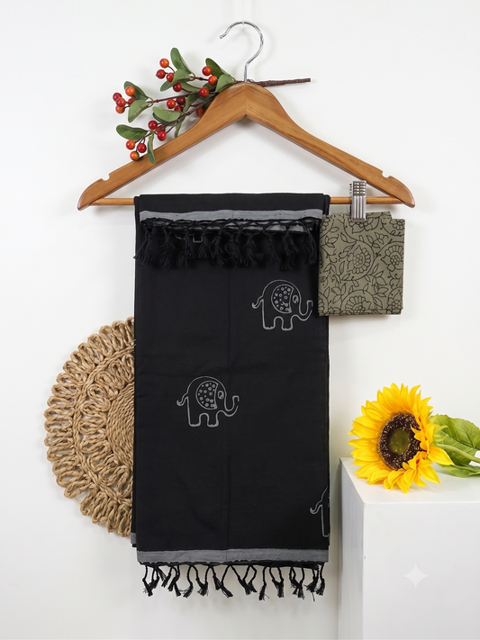 Black Elephant Printed Cotton Saree