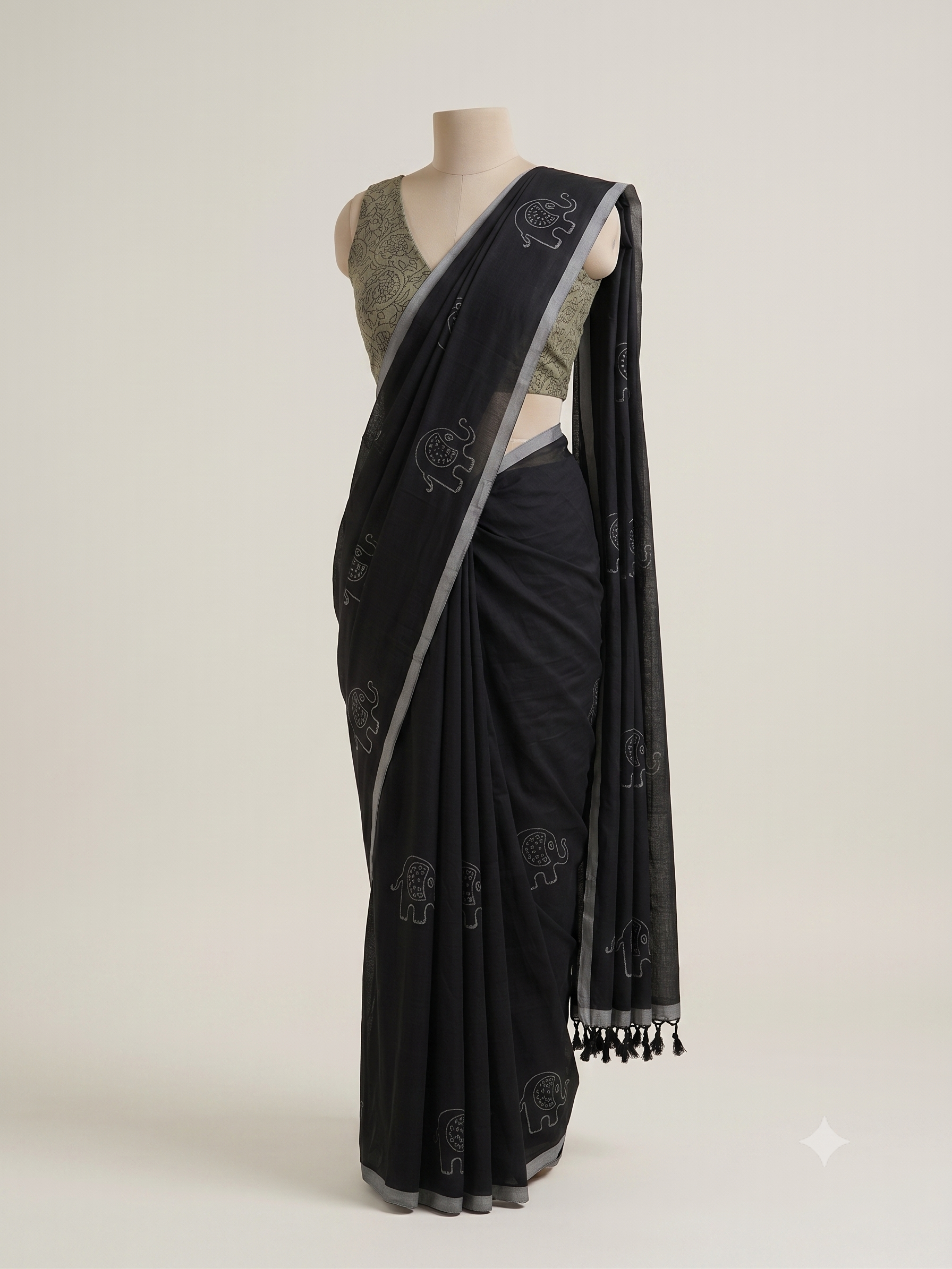 Black Elephant Printed Cotton Saree